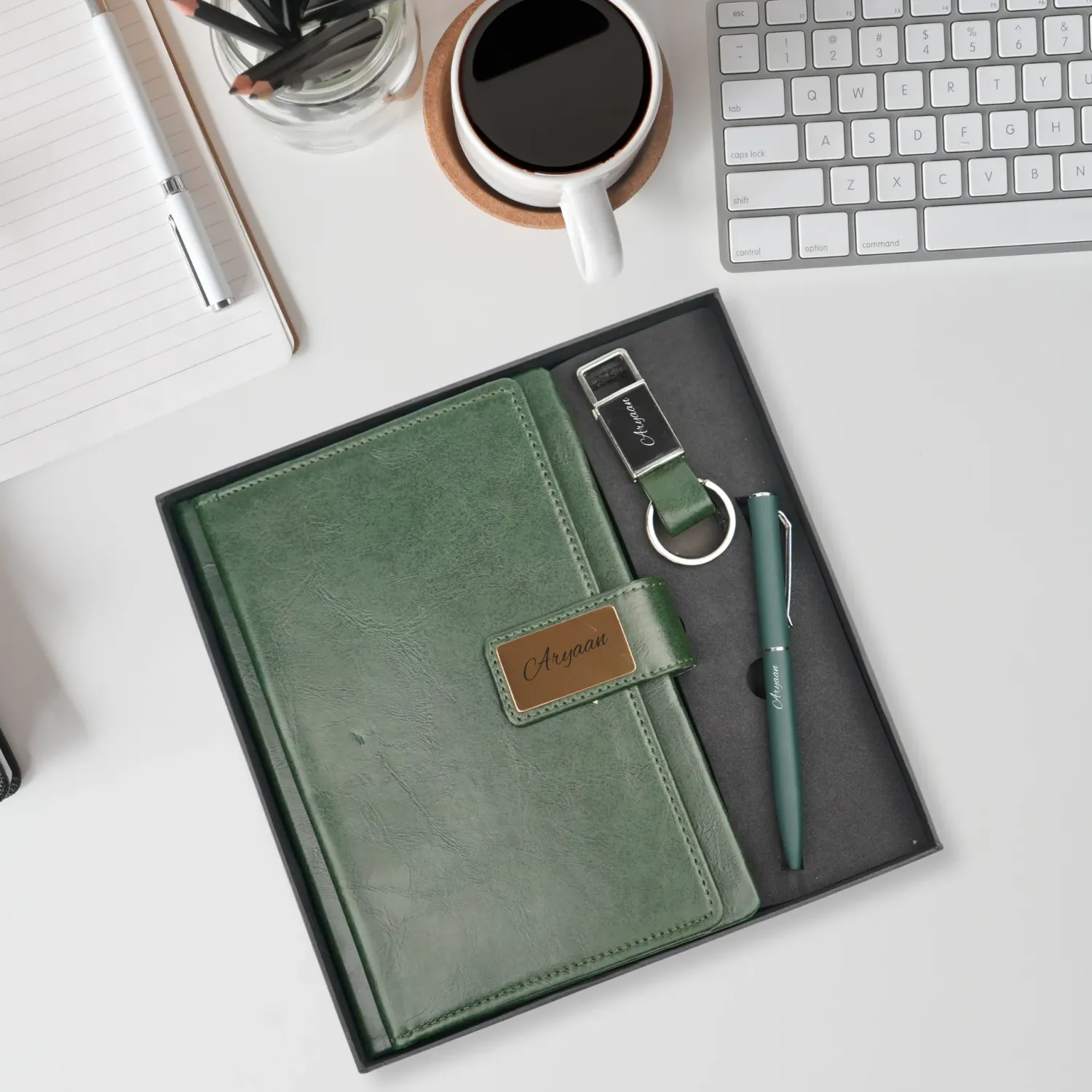 Personalized Green Executive Diary, Pen, Keychain Combo