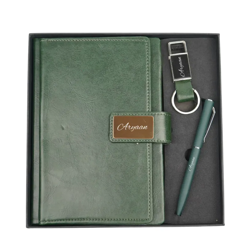 Personalized Green Executive Diary, Pen, Keychain Combo