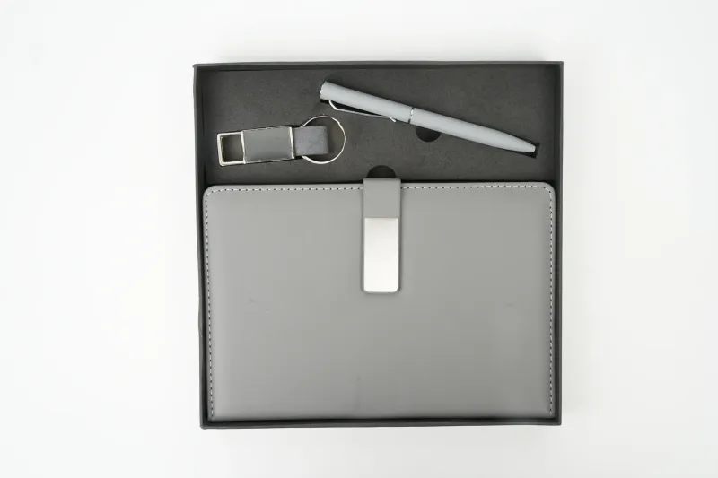 Personalized Grey Metal Flip Diary, Pen, Keychain Combo