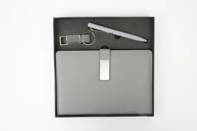 Personalized Grey Metal Flip Diary, Pen, Keychain Combo