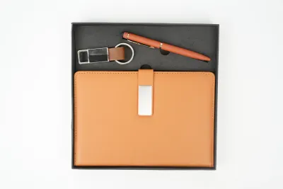 Personalized Tan Metal Flip Diary, Pen, Keychain Combo