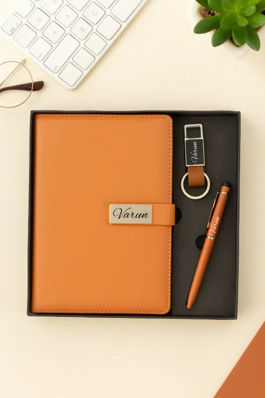 Personalized Tan Metal Flip Diary, Pen, Keychain Combo