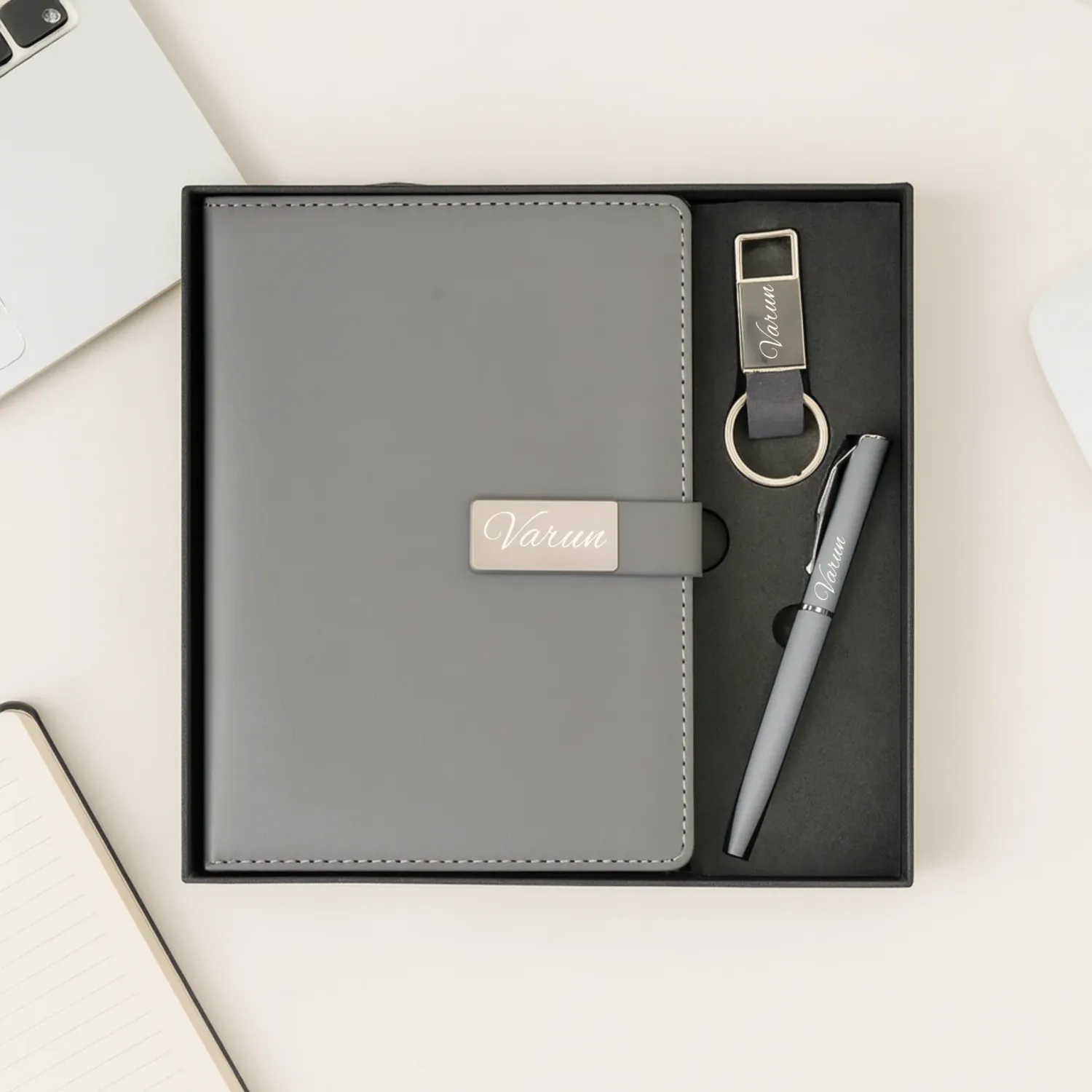 Personalized Grey Metal Flip Diary, Pen, Keychain Combo