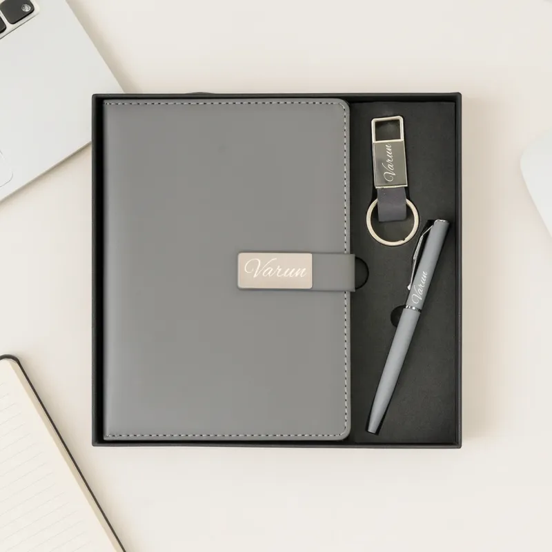 Personalized Grey Metal Flip Diary, Pen, Keychain Combo