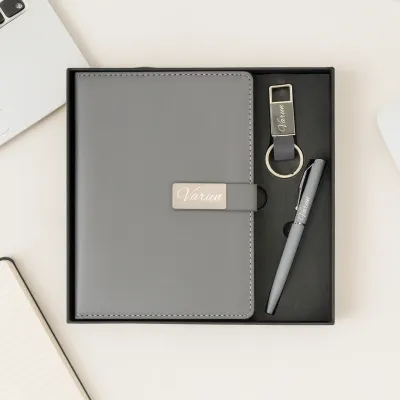 Personalized Grey Metal Flip Diary, Pen, Keychain Combo