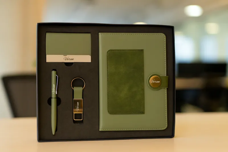 Personalized 4pc Combo with Green Dual Shade Diary (Diary, Pen, Keychain, Cardholder)