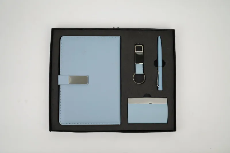 Personalized 4pc Combo with Sky Blue Metal Flip Diary  (Diary, Pen, Keychain, Cardholder)