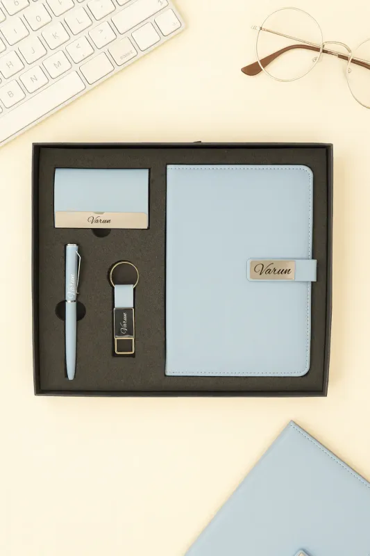 Personalized 4pc Combo with Sky Blue Metal Flip Diary  (Diary, Pen, Keychain, Cardholder)