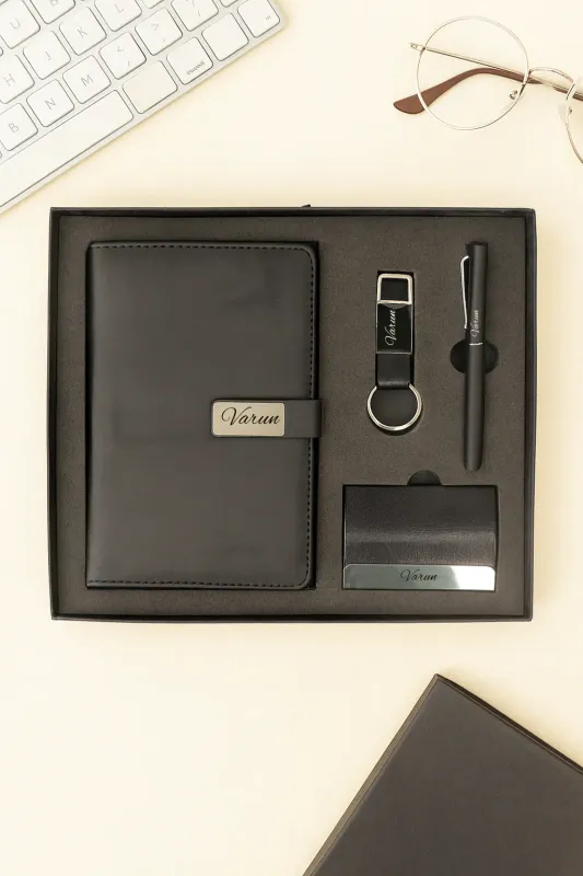 Personalized 4pc Combo with Black Metal Flip Diary  (Diary, Pen, Keychain, Cardholder)