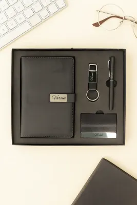 Personalized 4pc Combo with Black Metal Flip Diary  (Diary, Pen, Keychain, Cardholder)