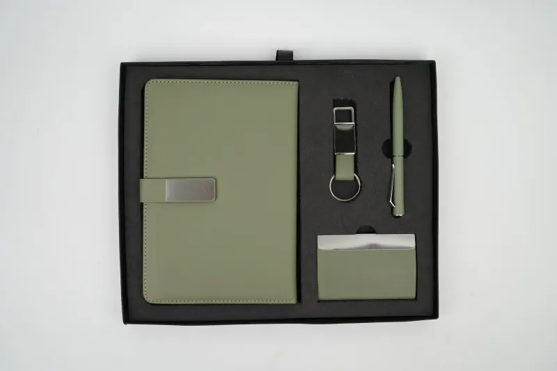 Personalized 4pc Combo with Green Metal Flip Diary  (Diary, Pen, Keychain, Cardholder)