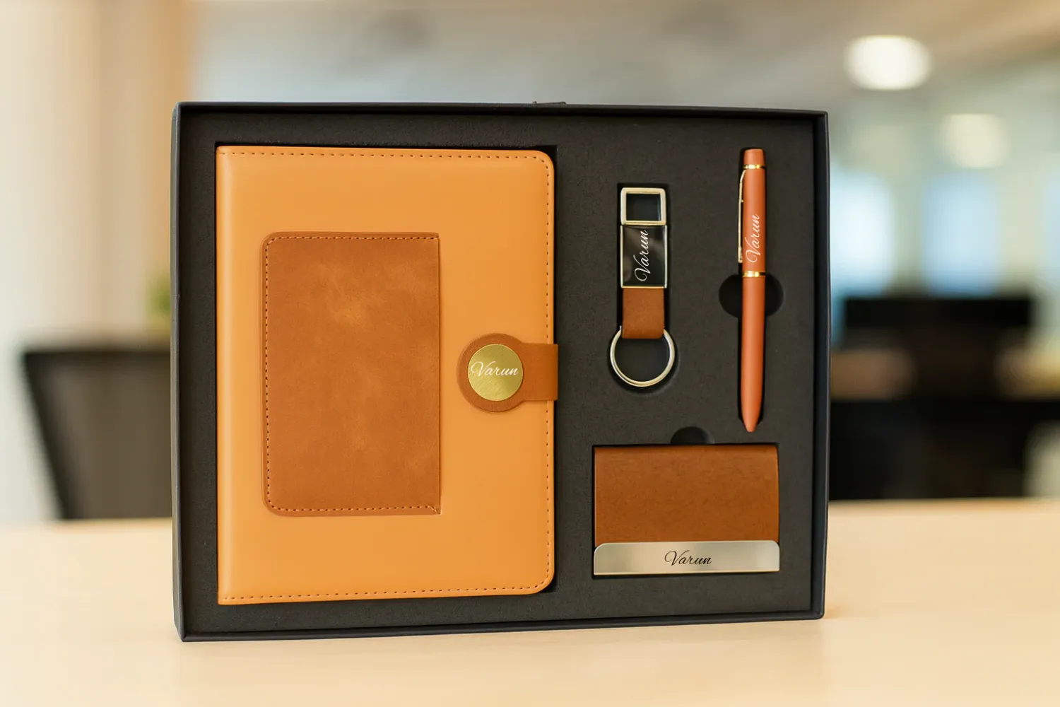 Personalized 4pc Combo with Tan Dual Shade Diary (Diary, Pen, Keychain, Cardholder)