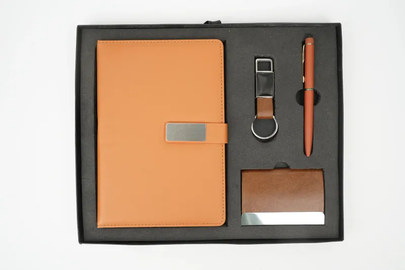 Personalized 4pc Combo with Tan Metal Flip Diary  (Diary, Pen, Keychain, Cardholder)