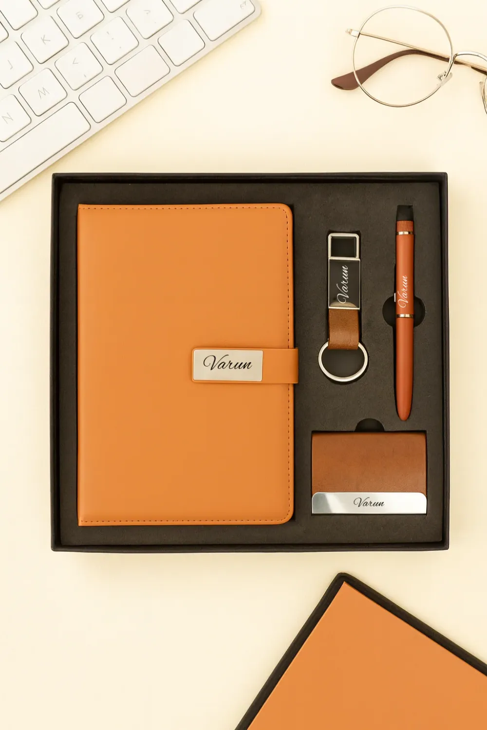 Personalized 4pc Combo with Tan Metal Flip Diary  (Diary, Pen, Keychain, Cardholder)