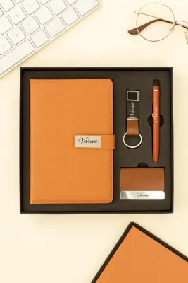 Personalized 4pc Combo with Tan Metal Flip Diary  (Diary, Pen, Keychain, Cardholder)