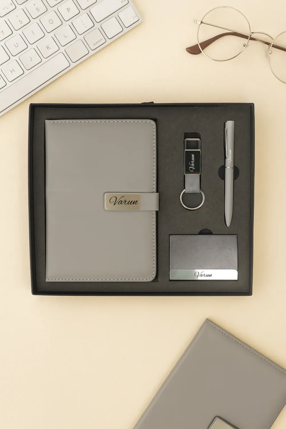 Personalized 4pc Combo with Grey Metal Flip Diary  (Diary, Pen, Keychain, Cardholder)