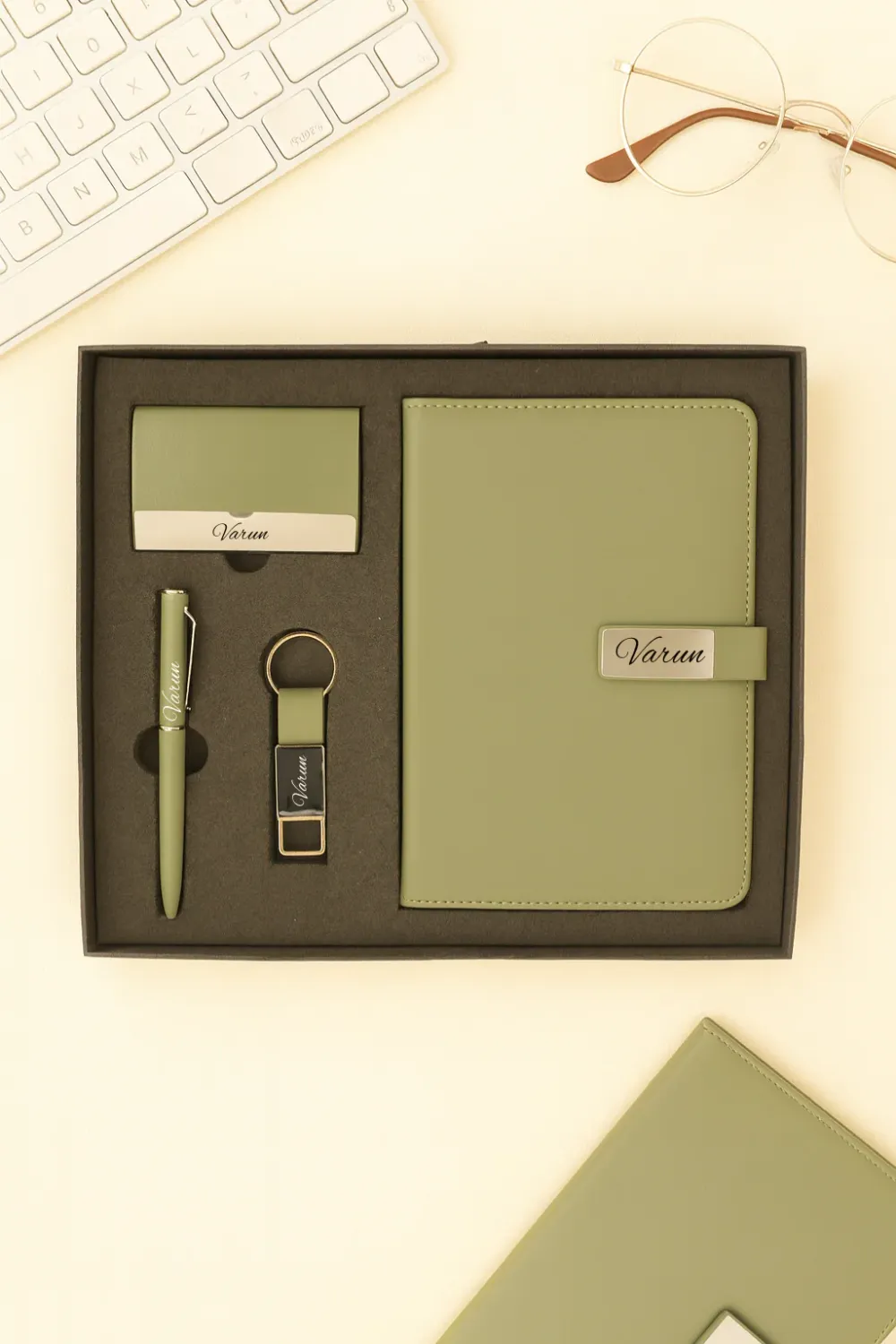 Personalized 4pc Combo with Green Metal Flip Diary  (Diary, Pen, Keychain, Cardholder)