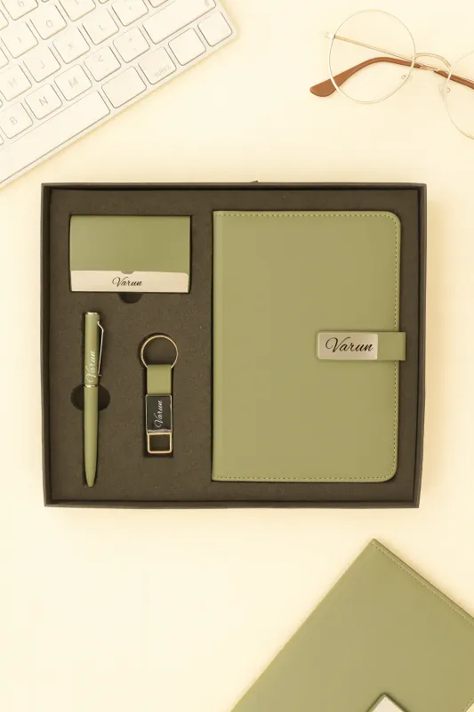 Personalized 4pc Combo with Green Metal Flip Diary  (Diary, Pen, Keychain, Cardholder)