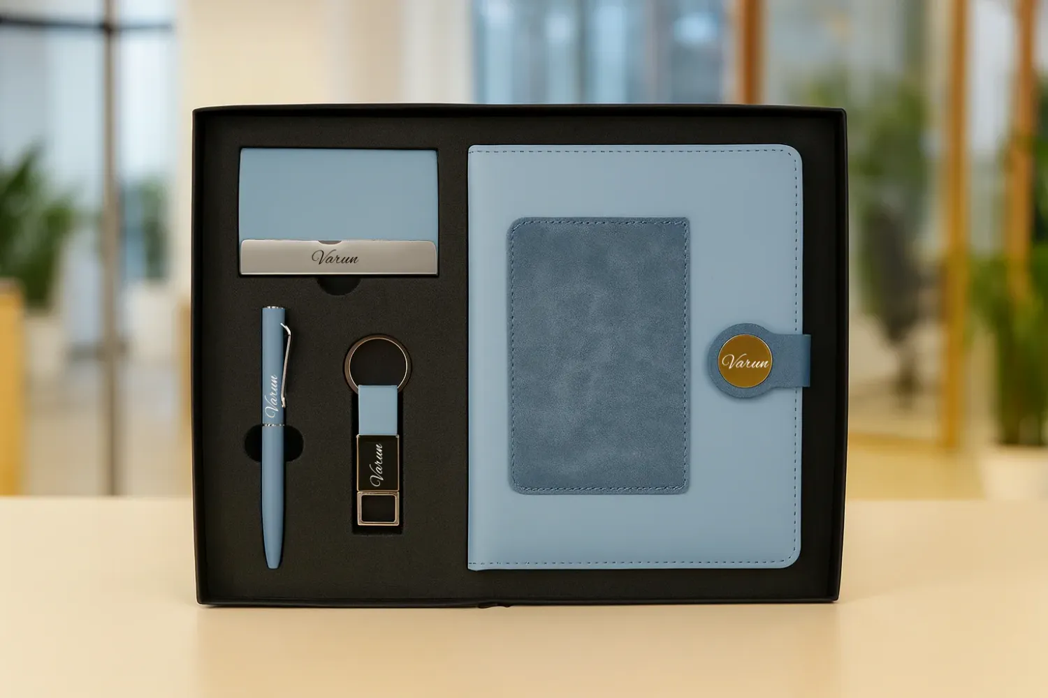 Personalized 4pc Combo with Blue Dual Shade Diary (Diary, Pen, Keychain, Cardholder)