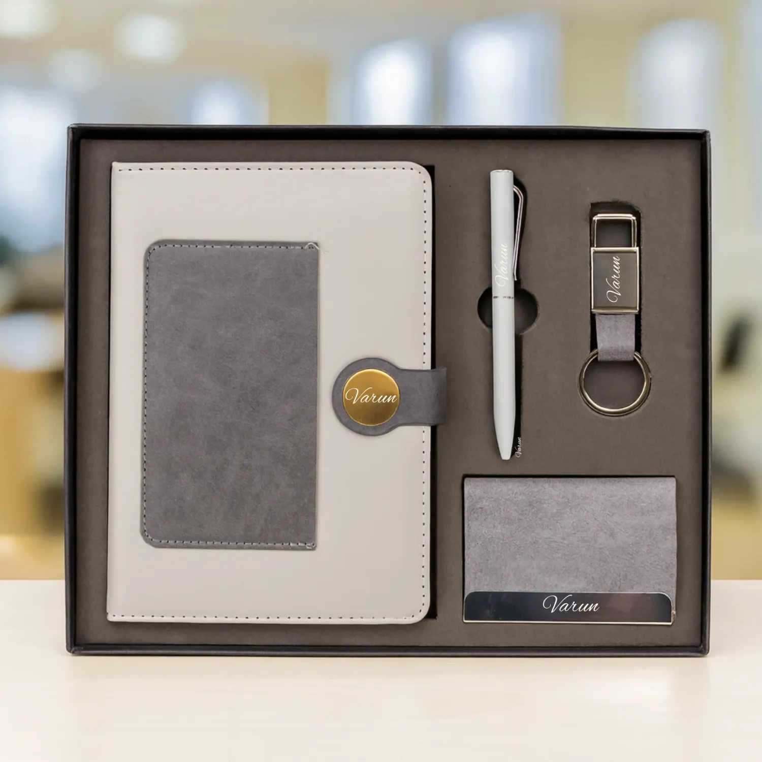 Personalized 4pc Combo with Grey  Dual Shade Diary (Diary, Pen, Keychain, Cardholder)