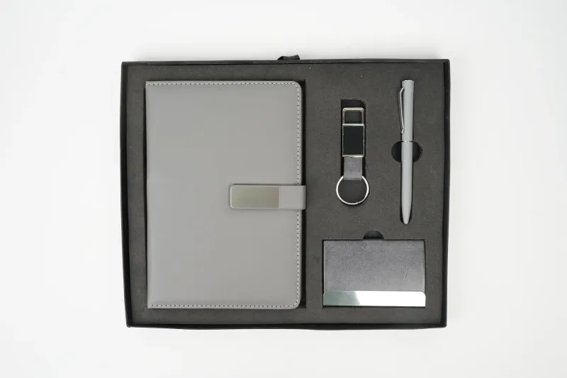 Personalized 4pc Combo with Grey Metal Flip Diary  (Diary, Pen, Keychain, Cardholder)