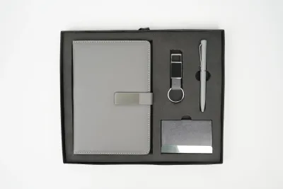 Personalized 4pc Combo with Grey Metal Flip Diary  (Diary, Pen, Keychain, Cardholder)