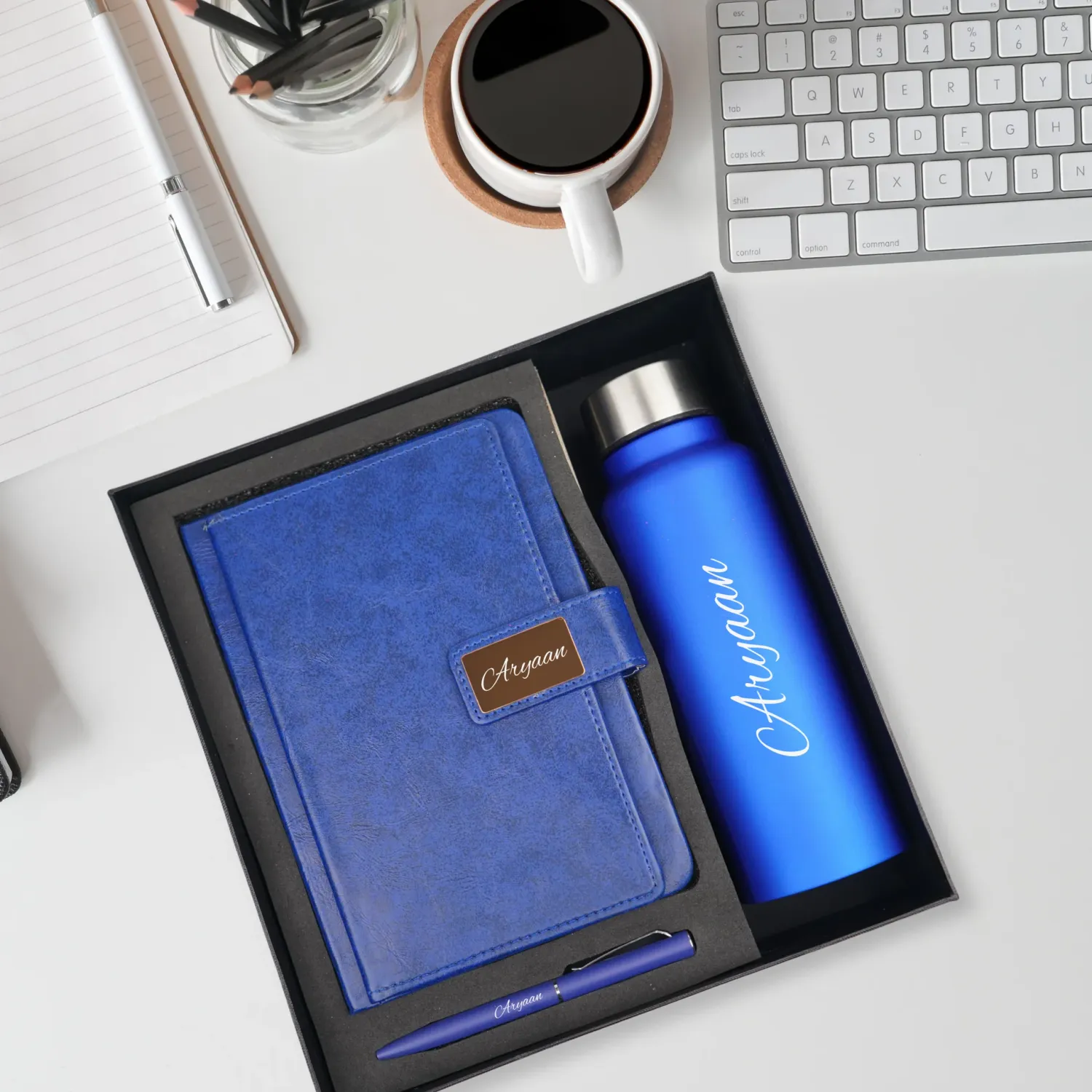 Blue Customised Executive Diary, Bottle &amp; Pen Combo