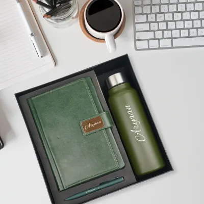 Green Customised Executive Diary, Bottle & Pen Combo Green Customised Executive Diary, Bottle & Pen Combo