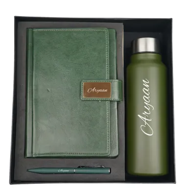 Green Customised Executive Diary, Bottle &amp; Pen Combo