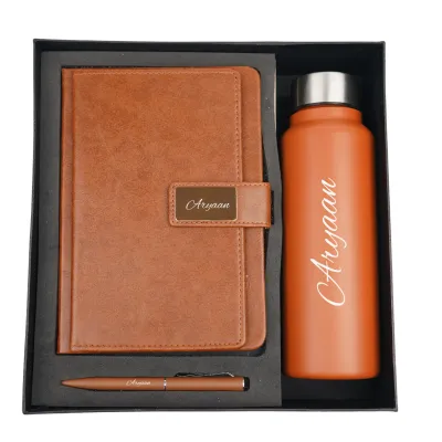 Tan Customised Executive Diary, Bottle &amp; Pen Combo