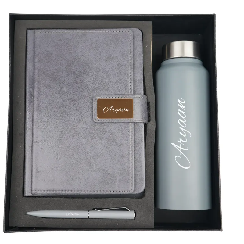 Grey Customised Executive  Diary, Bottle &amp; Pen Combo
