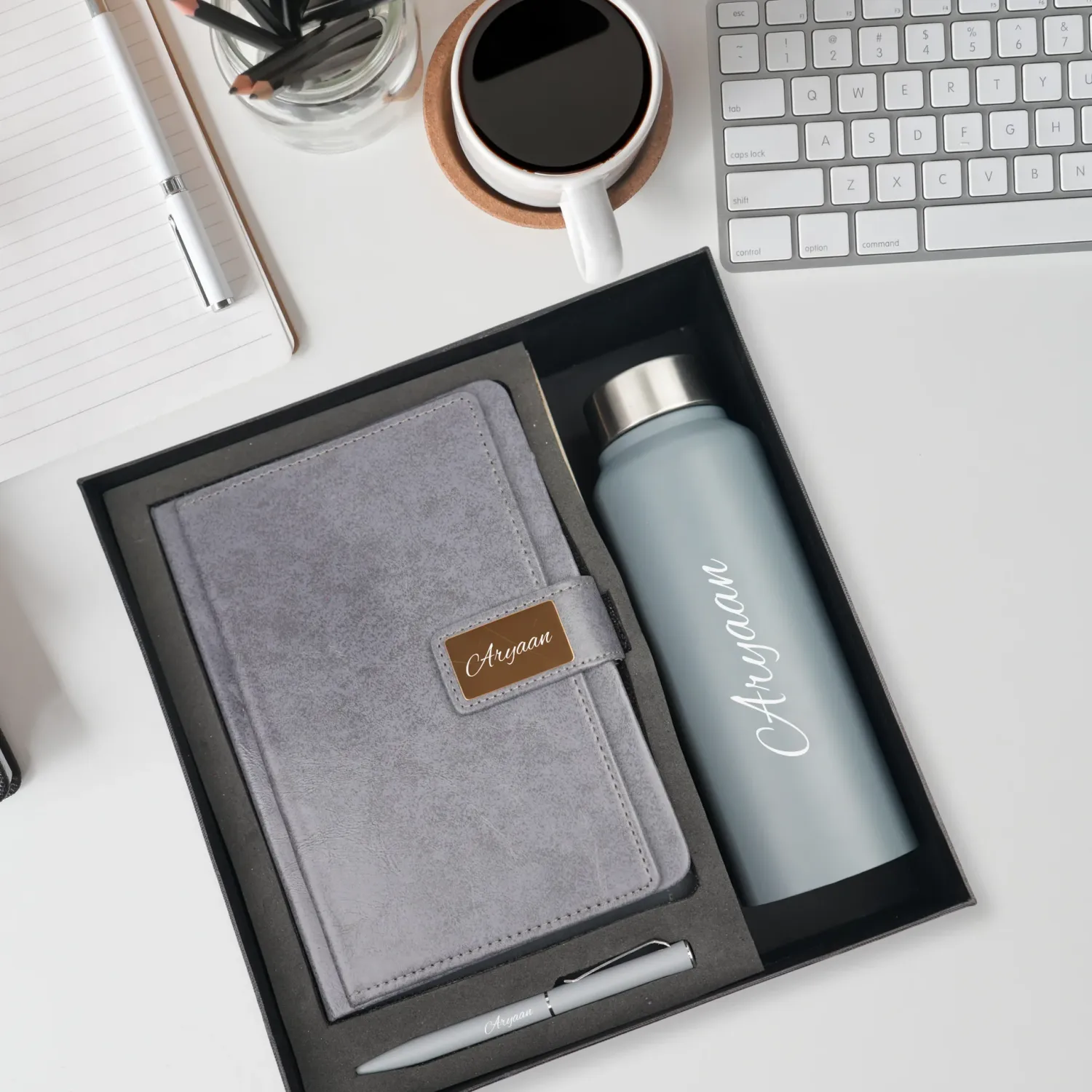 Grey Customised Executive  Diary, Bottle &amp; Pen Combo