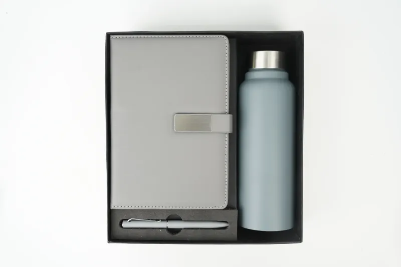 Grey Personalized Metal Flip Diary, Bottle &amp; Pen Combo