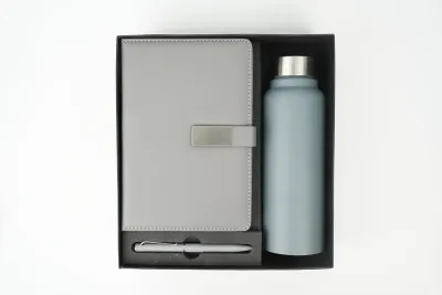 Grey Personalized Metal Flip Diary, Bottle & Pen Combo