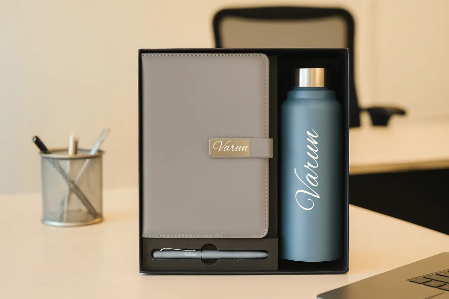 Grey Personalized Metal Flip Diary, Bottle &amp; Pen Combo