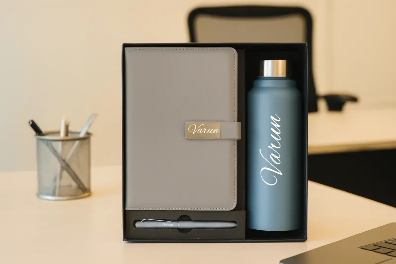 Grey Personalized Metal Flip Diary, Bottle &amp; Pen Combo