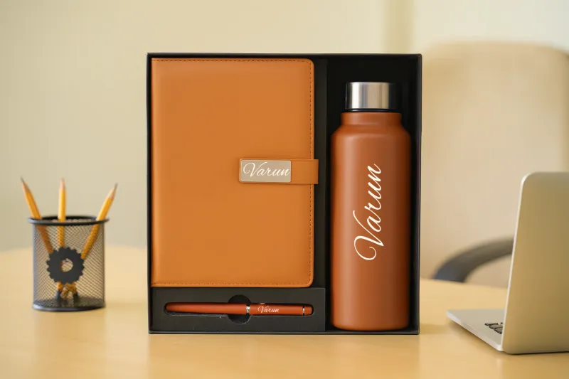 Tan Brown Personalized Metal Flip Diary, Bottle &amp; Pen Combo