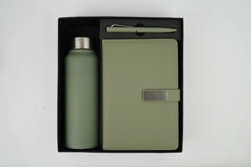 Light Green Personalized Metal Flip Diary, Bottle &amp; Pen Combo