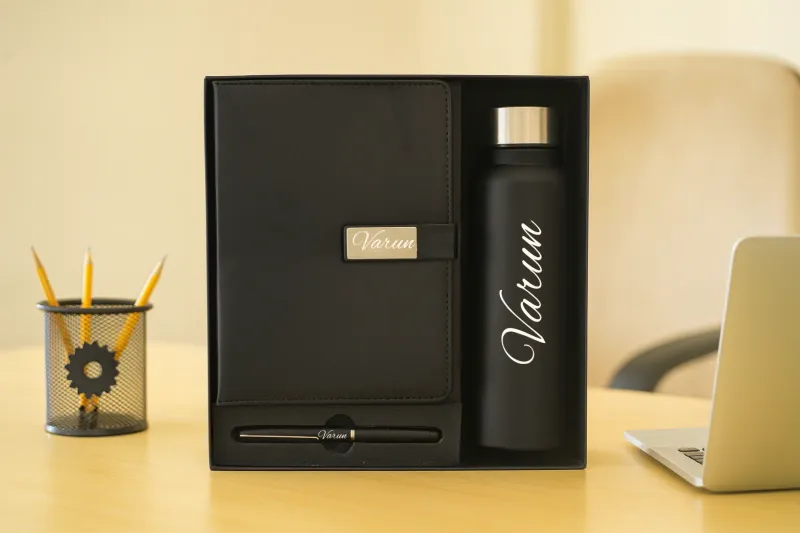 Black Personalized Metal Flip Diary, Bottle &amp; Pen Combo