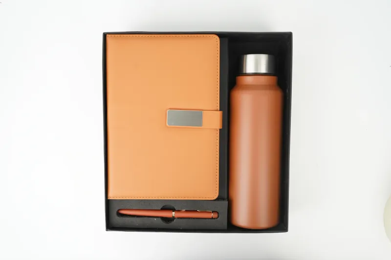 Tan Brown Personalized Metal Flip Diary, Bottle &amp; Pen Combo