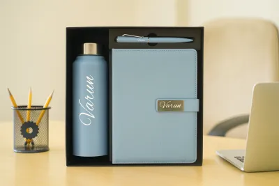 Light Blue Personalized Metal Flip Diary, Bottle &amp; Pen Combo