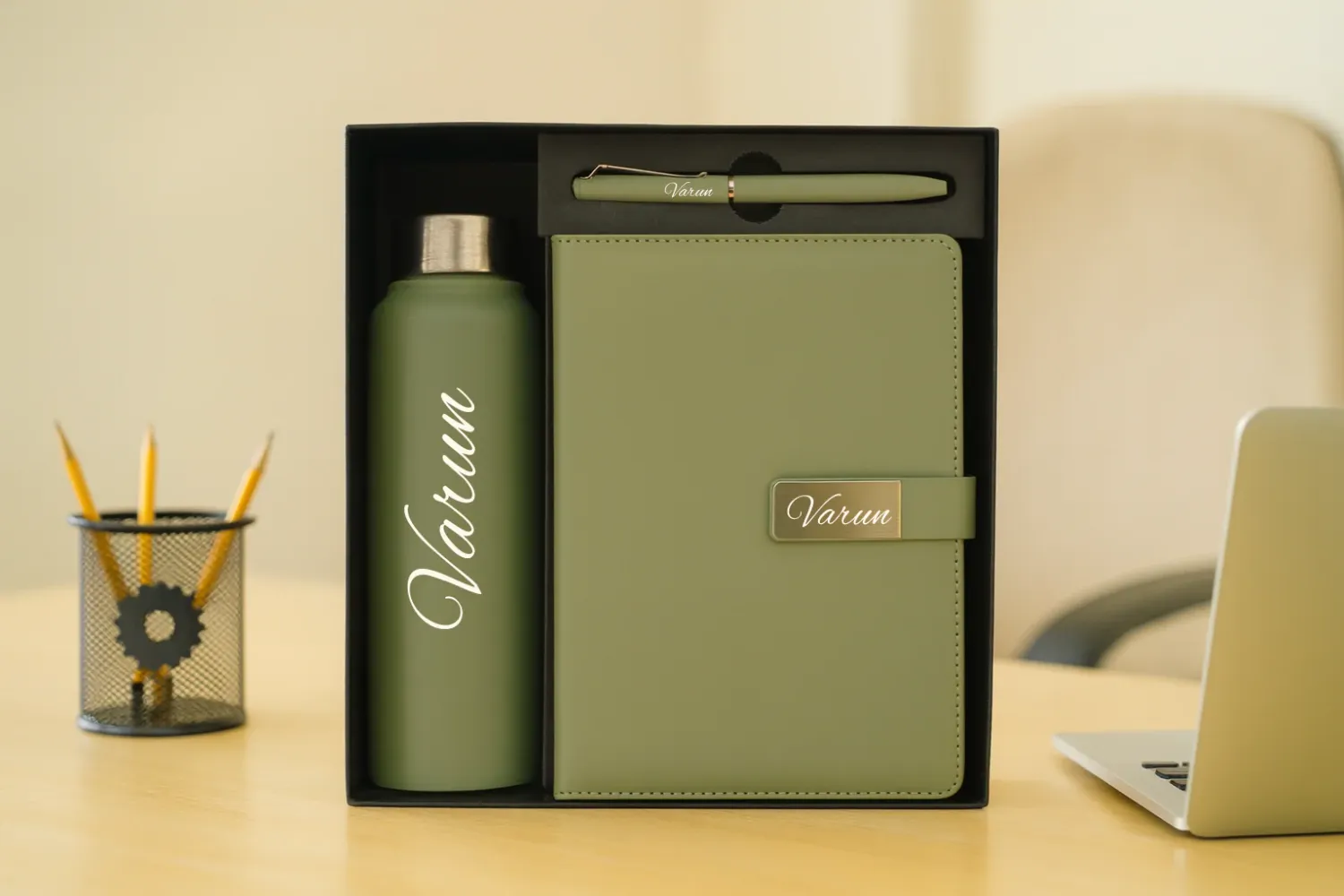 Light Green Personalized Metal Flip Diary, Bottle &amp; Pen Combo