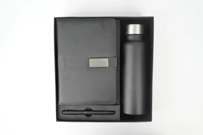 Black Personalized Metal Flip Diary, Bottle & Pen Combo