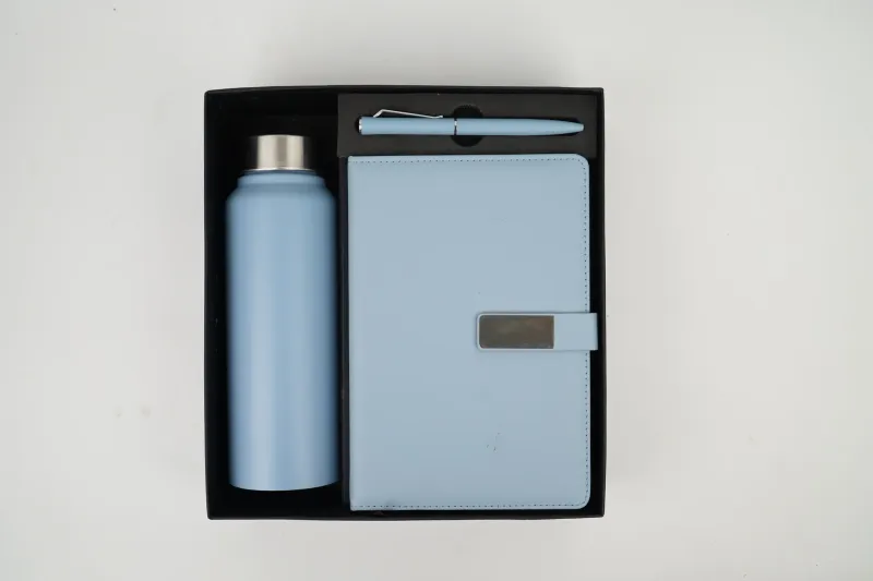 Light Blue Personalized Metal Flip Diary, Bottle &amp; Pen Combo