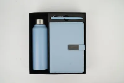 Light Blue Personalized Metal Flip Diary, Bottle &amp; Pen Combo