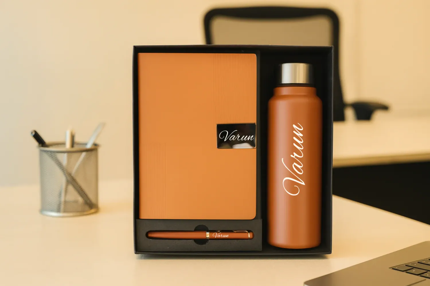 Tan Brown Personalized Nexon Diary, Bottle &amp; Pen Combo