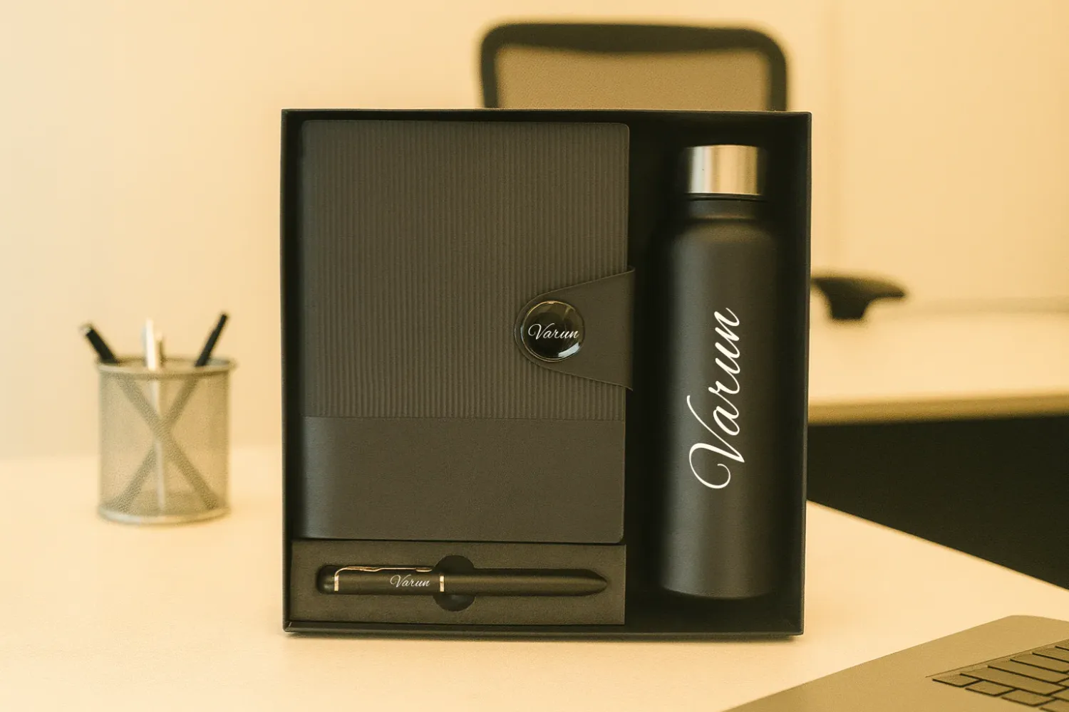 Black Personalized Nexon Flip Diary, Bottle &amp; Pen Combo