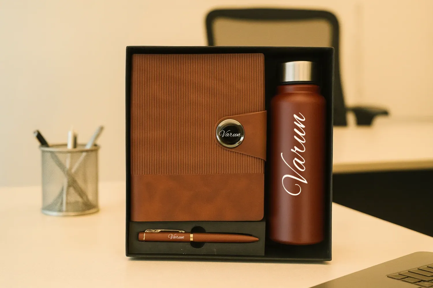 Brown Personalized Nexon Flip Diary, Bottle &amp; Pen Combo