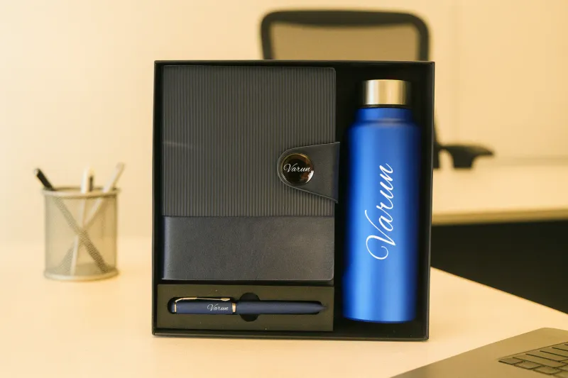 Dark Blue Personalized Nexon Flip Diary, Bottle &amp; Pen Combo