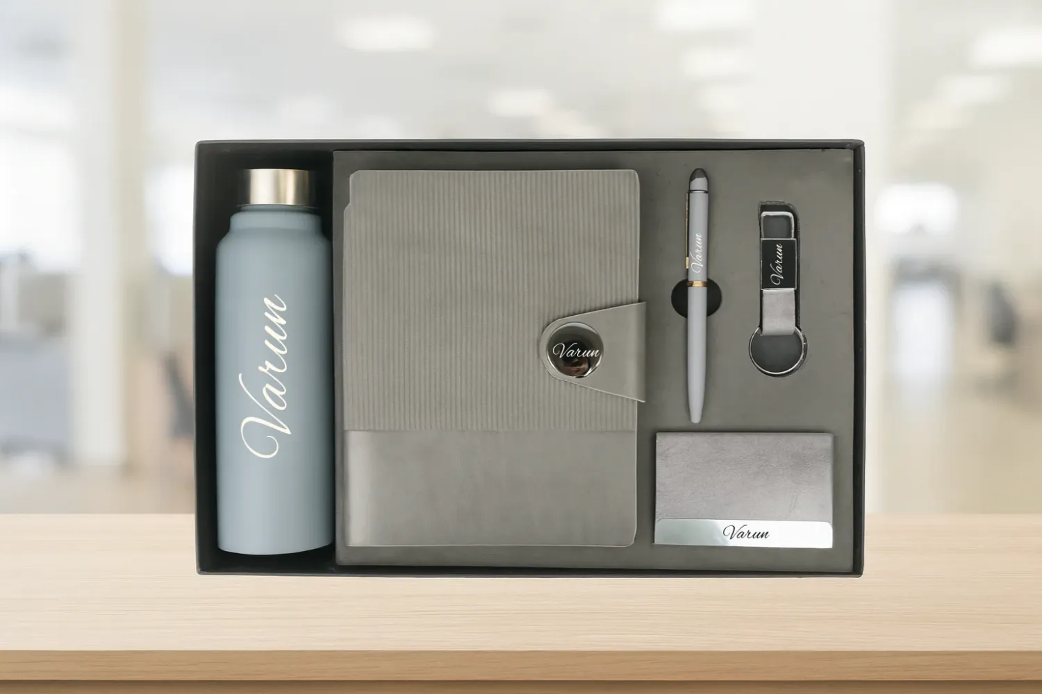 Grey Nexon Leather Flip  Dairy Corporate 5pc combo ( Diary, Bottle, Cardholder, Pen &amp; Keychain)